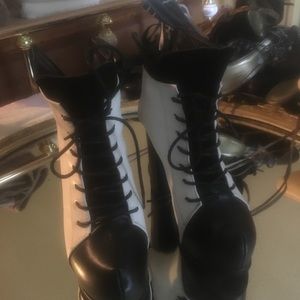 Black and white lace up platform ankle boots